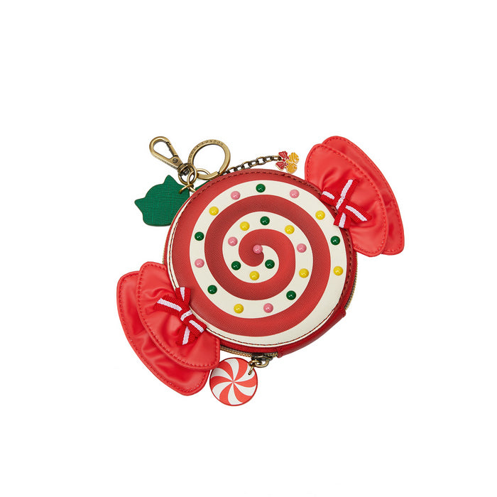 Lollipop-shaped keychain with red bows and candy decorations on a white background