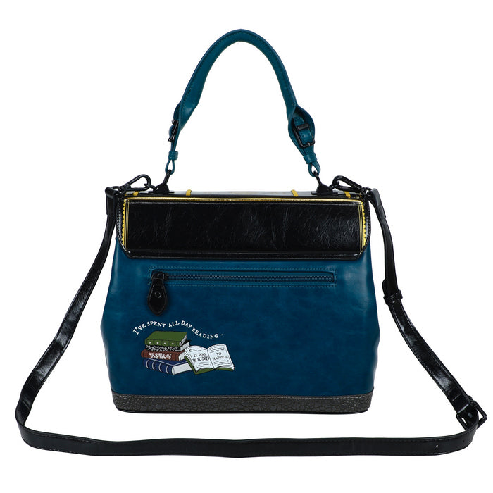 Blue handbag with black accents and a strap on a white background