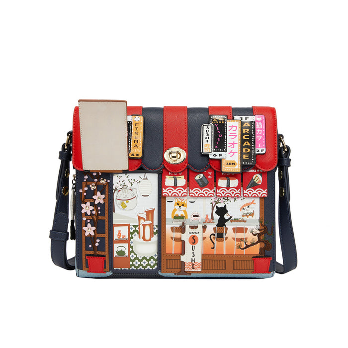 Multicolored bag with a collage design on a white background