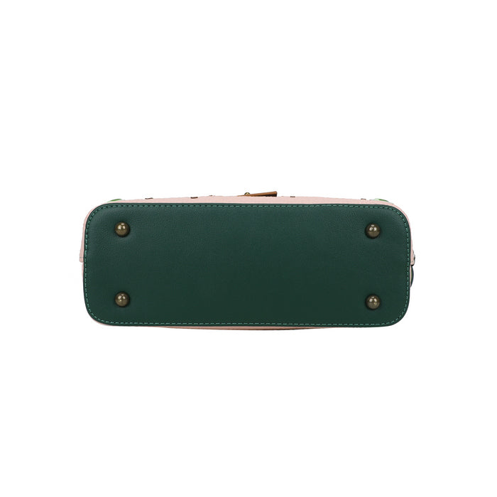Green handbag with gold studs on a white background