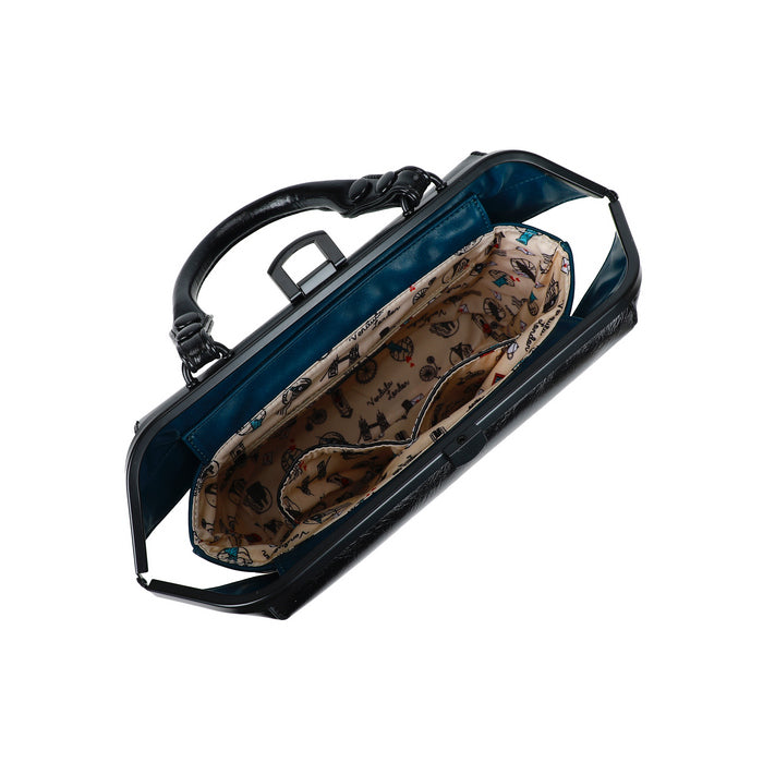 Blue and black bag with patterned interior on a white background