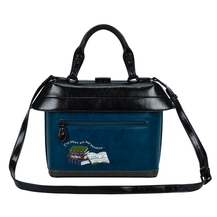 Blue handbag with black strap on a white background