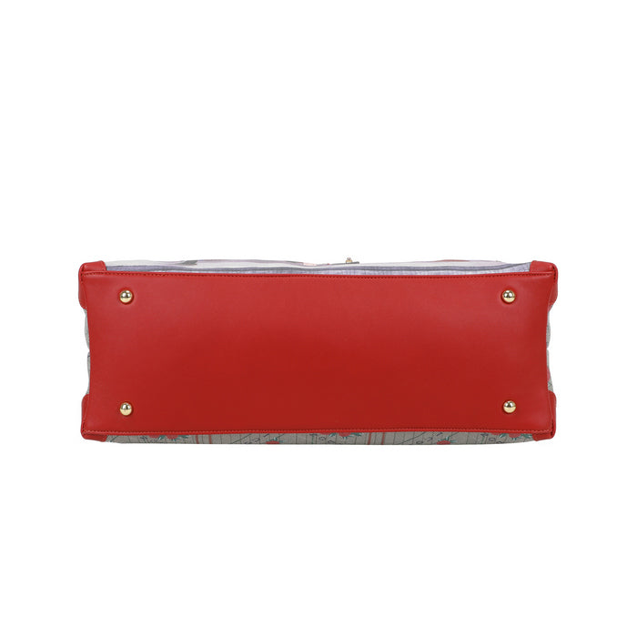 Red clutch bag with gold studs on a white background