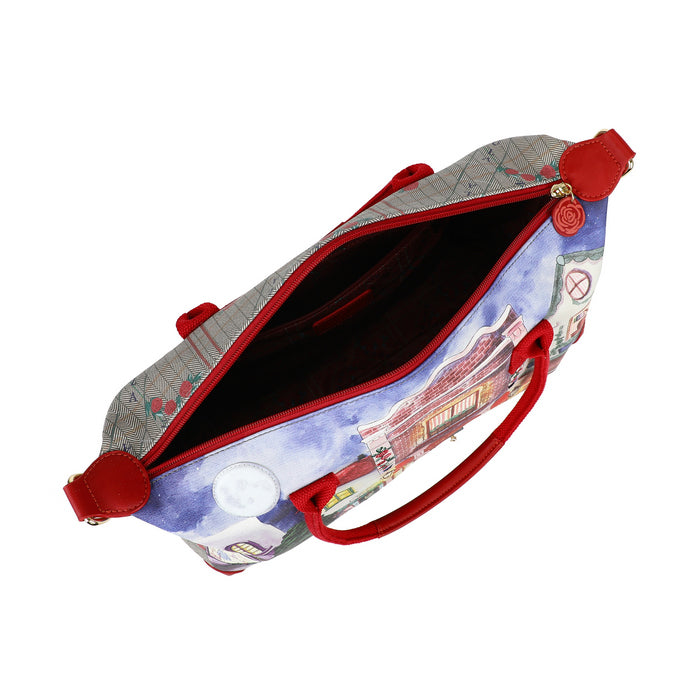 Pouch with red handles and decorative interior on a white background