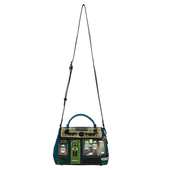 Multicolored handbag with a patterned design on a white background