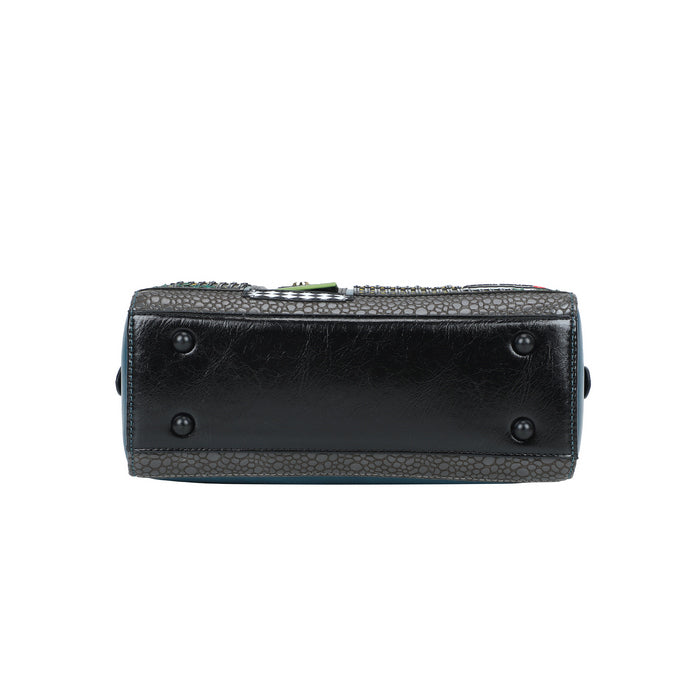 Black leather wallet with studs on a white background