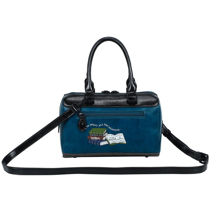 Blue handbag with black handle and strap on a white background