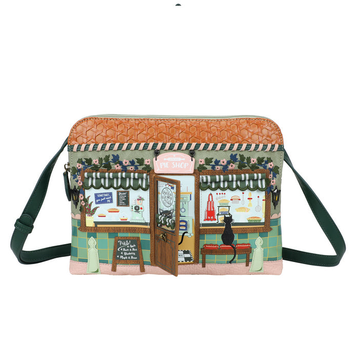 Crossbody bag with a design of a cafe scene on a white background