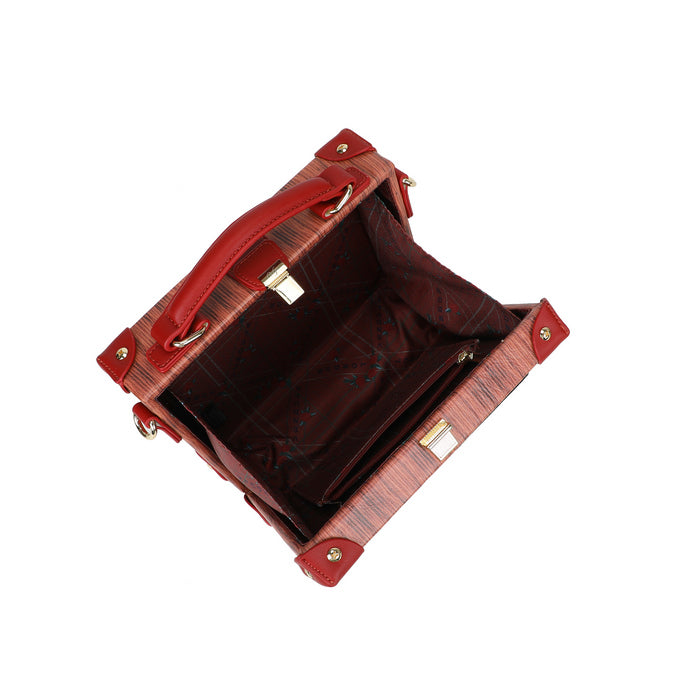 Red handbag with gold accents on a white background