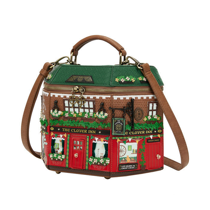 Handbag with 'The Clover Inn' design on a white background