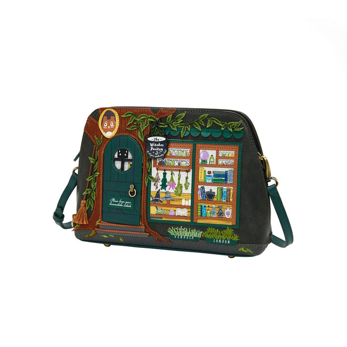 Handbag with a door design and bookshelf illustration on a white background