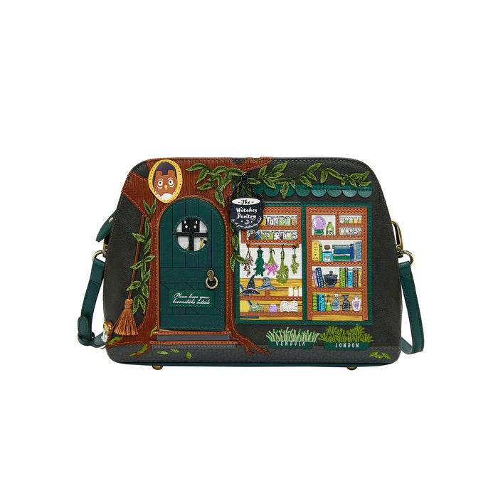 Handbag with detailed design of a door and shelves on a white background