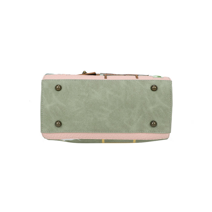 Green and pink handbag with gold accents on a white background