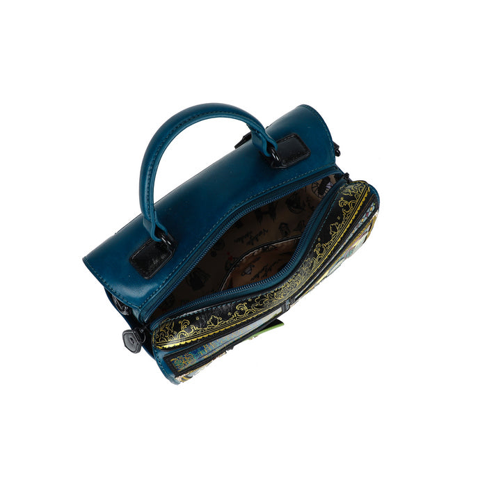 Blue handbag with decorative interior on a white background