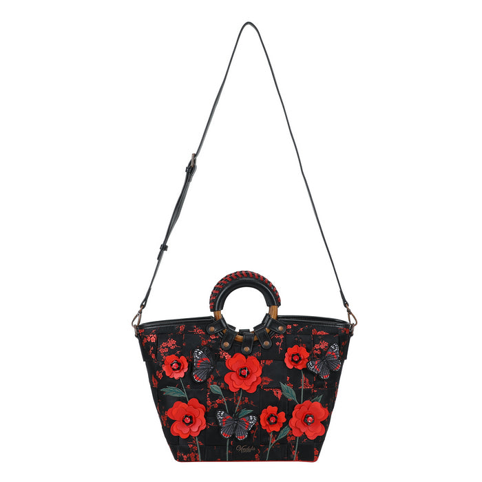 Black handbag with red floral pattern on a white background