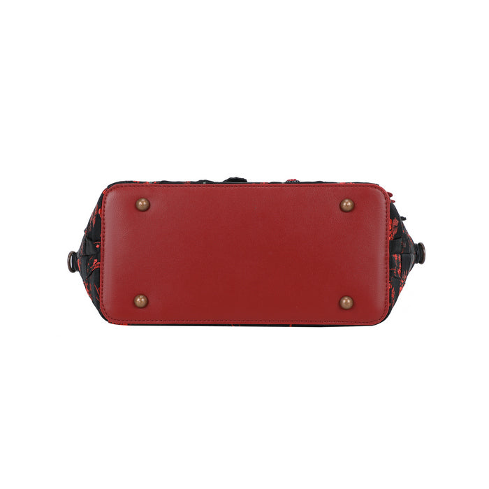 Red handbag with gold studs on a white background