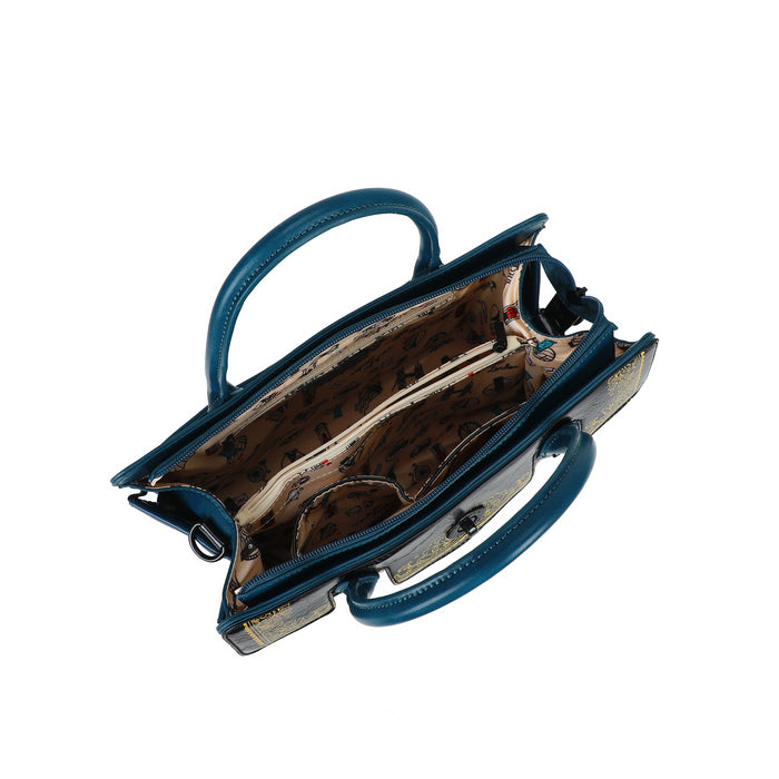 Blue handbag with open interior on a white background