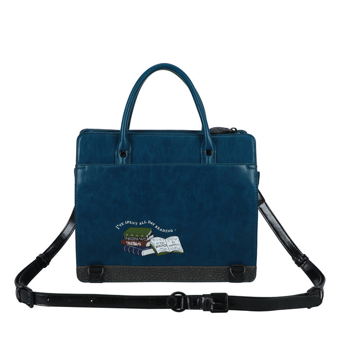Blue bag with black strap on a white background