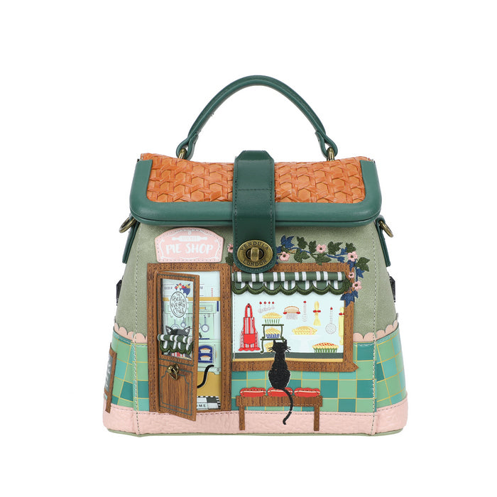 Backpack with a detailed design of a cafe scene on a white background