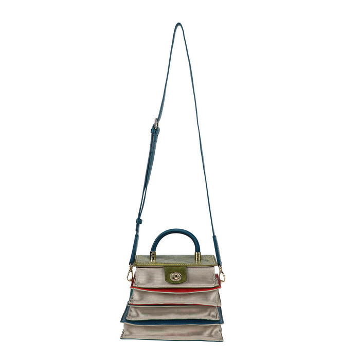 Multicolored handbag with a strap on a white background