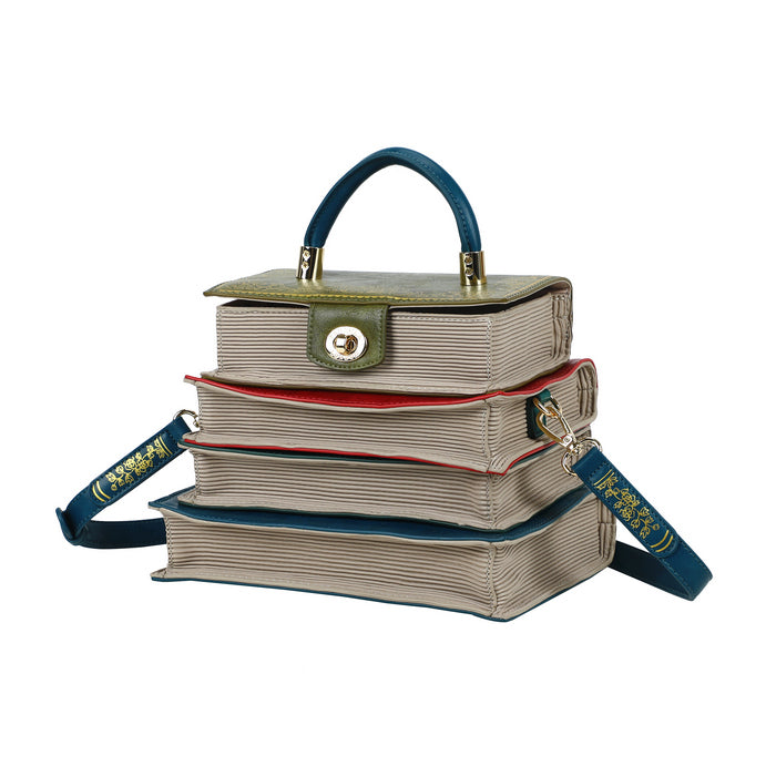 Book-shaped handbag with a strap on a white background