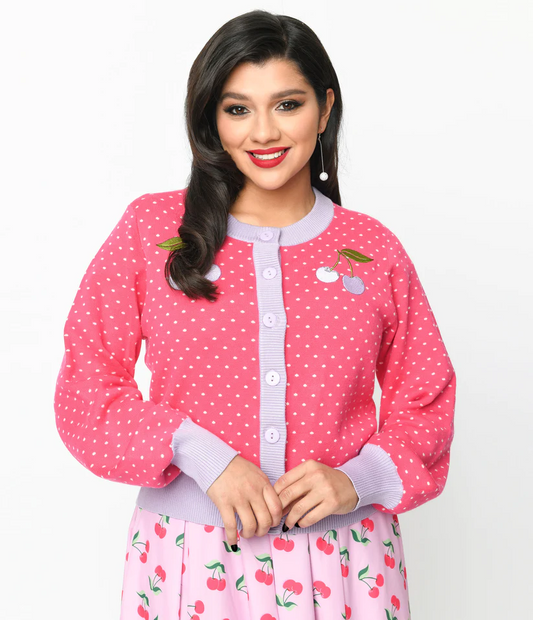 Unique-Vintage Hot Pink & Lavender Pin Dot Cherry Cropped Cardigan | CLEARANCE