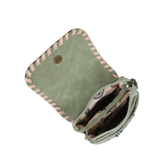 Green clutch bag with pink stitching on a white background