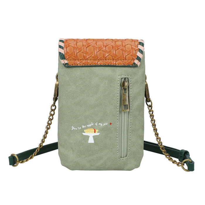 Green crossbody bag with a decorative strap and chain on a white background
