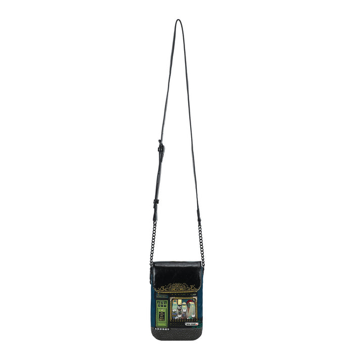 Small black crossbody bag with a colorful design on a white background