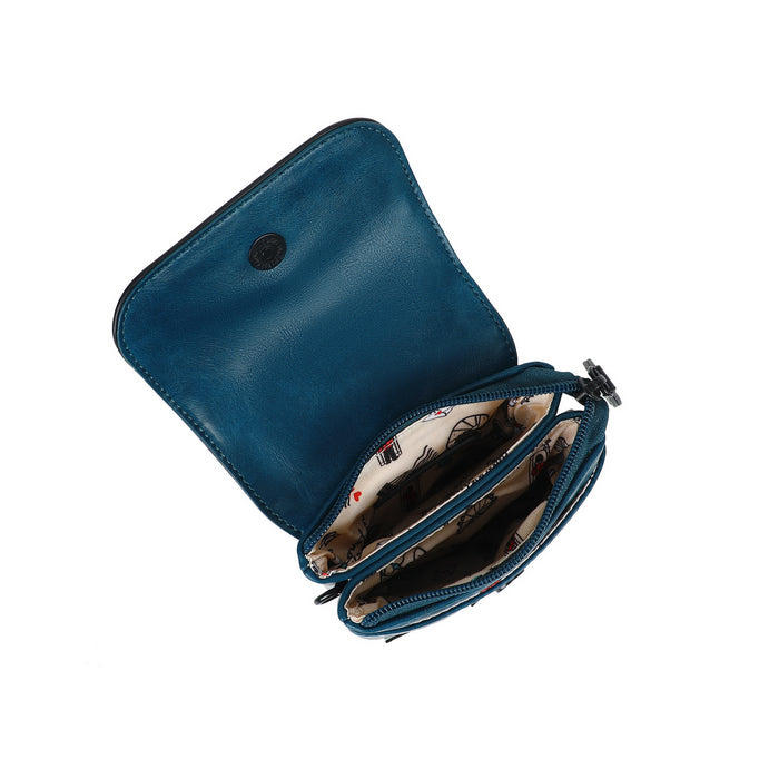 Blue leather pouch with a patterned interior on a white background