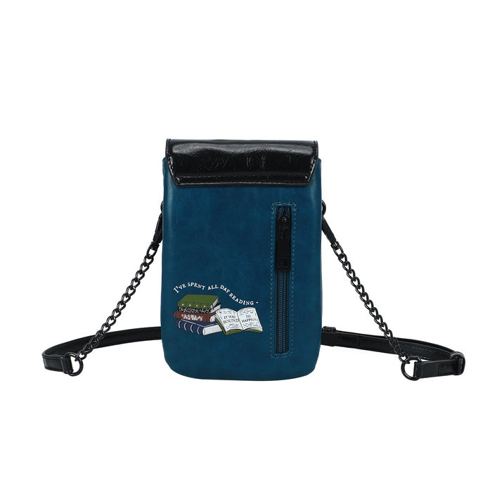 Blue crossbody bag with black accents on a white background