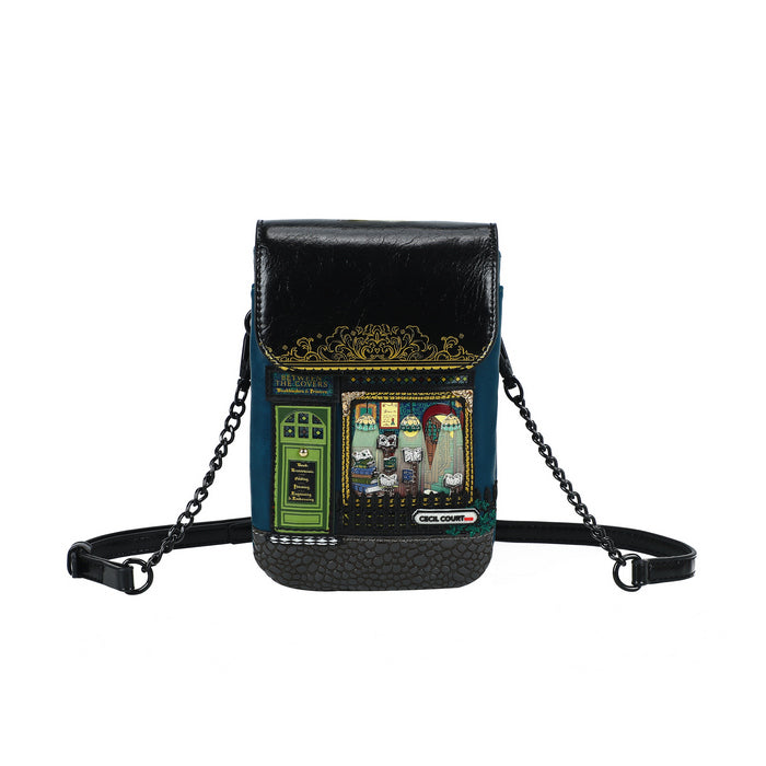 Black leather crossbody bag with vintage slot machine design on a white background