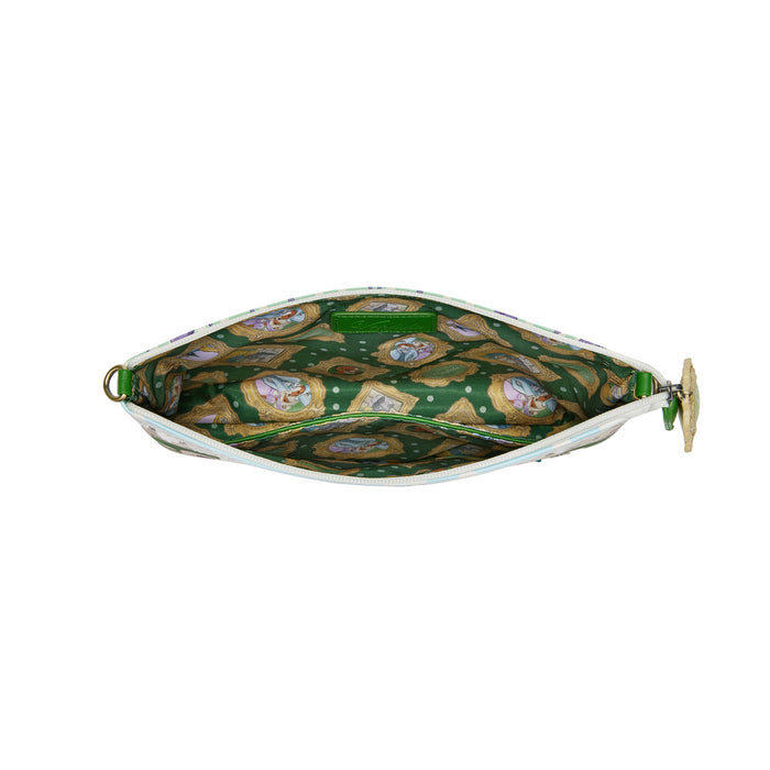 Decorative oval tray with green and gold pattern on a white background