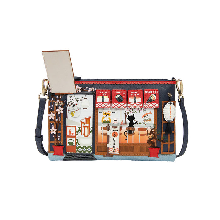 Crossbody bag with a colorful design of a street scene on a white background