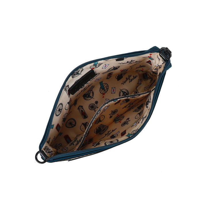 Open blue pouch with patterned interior on a white background