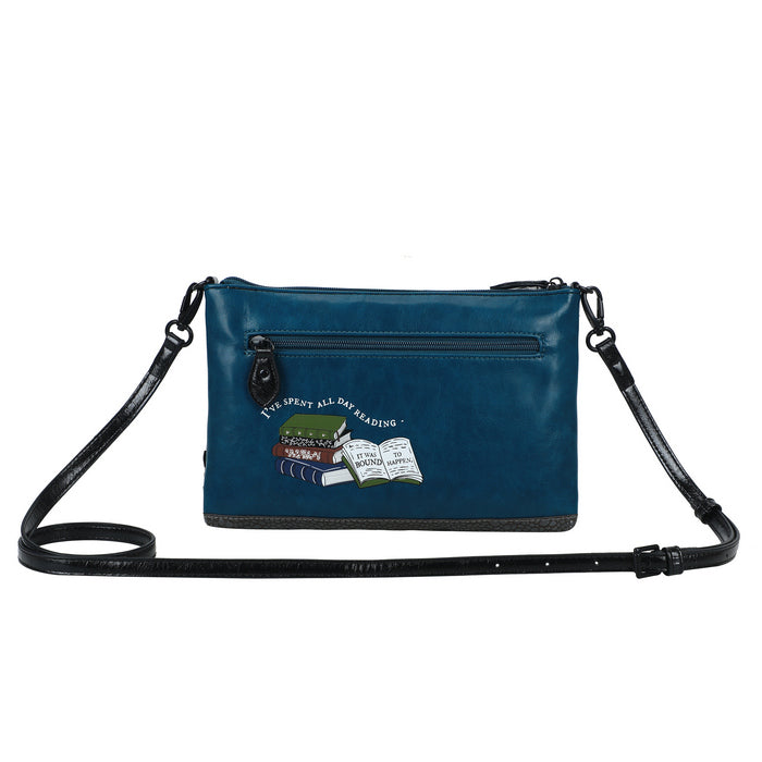 Blue handbag with black strap on a white background