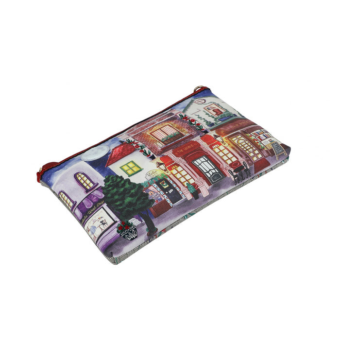 Pouch with a colorful design of houses and trees on a white background