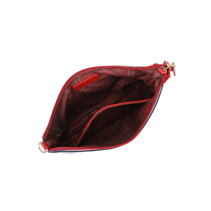 Red pouch with gold zipper on a white background