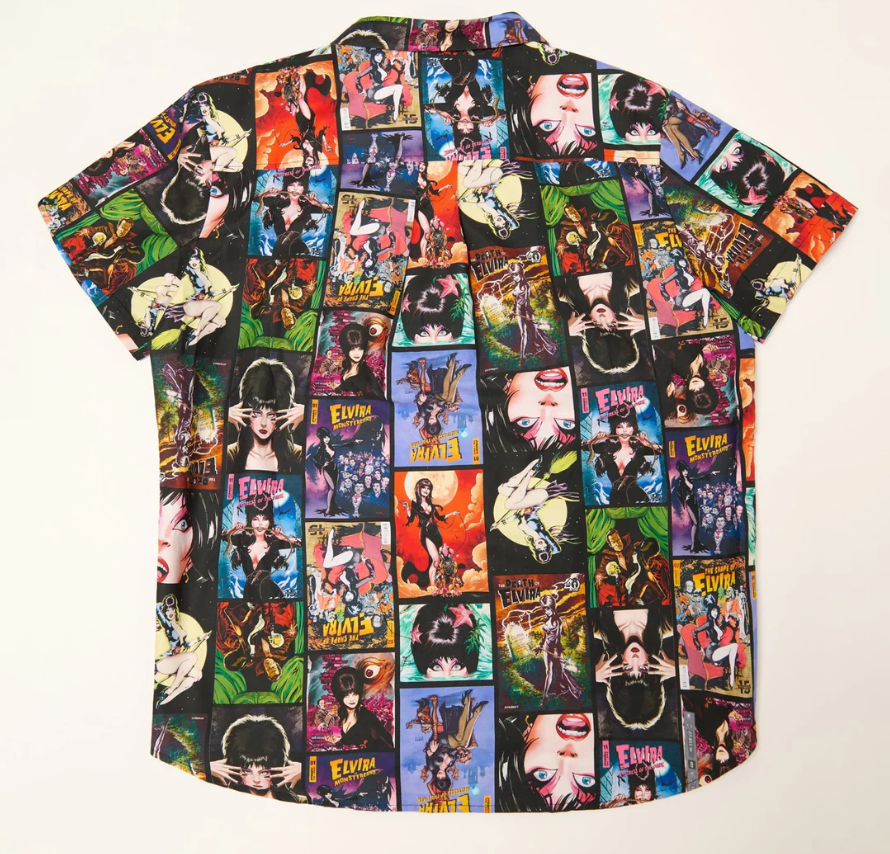 Colorful shirt with a pattern of small images on a white background