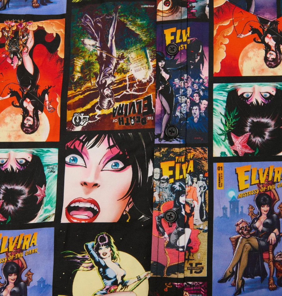 Collage of Elvira-themed posters with vibrant colors and graphic designs.