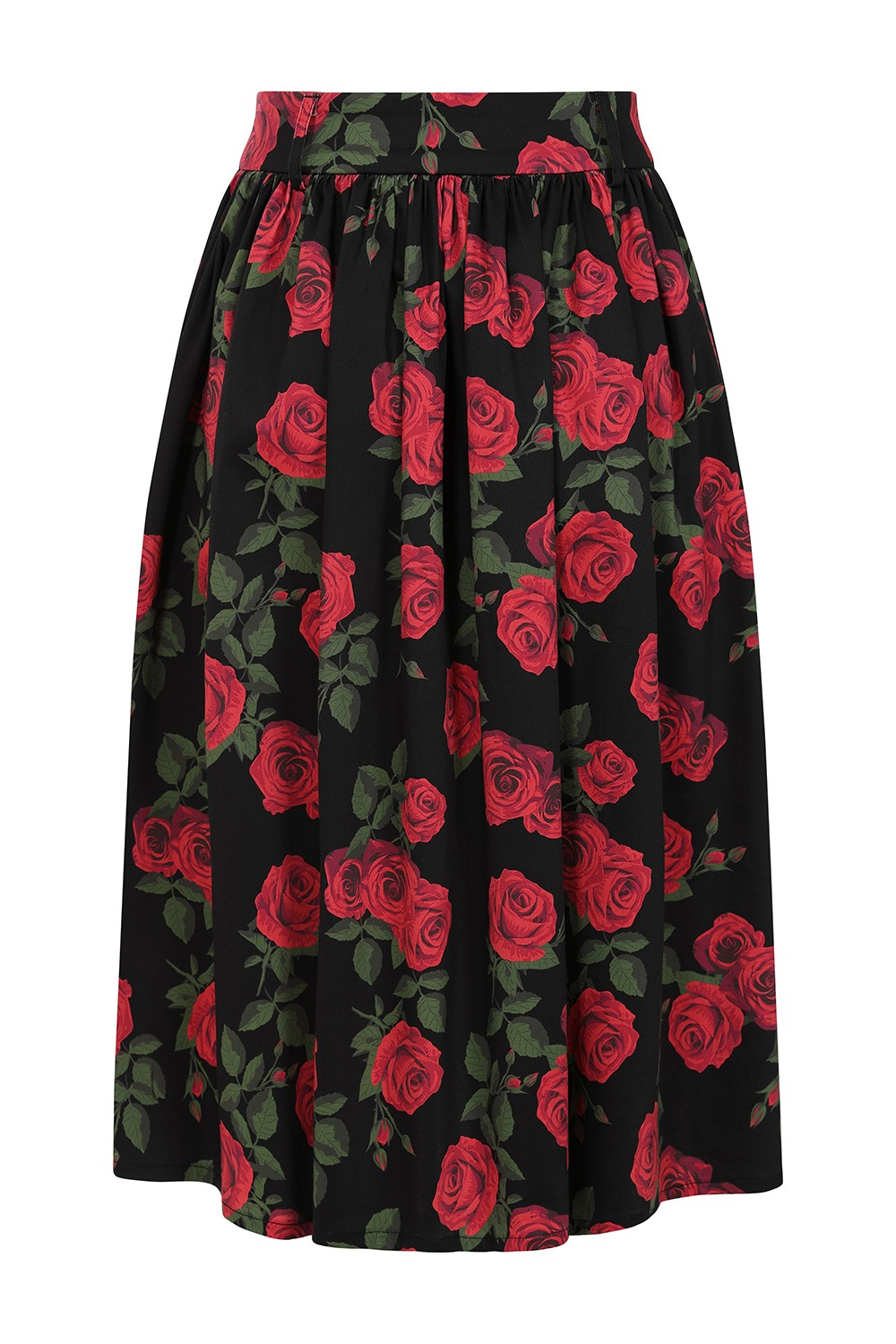 Black skirt with red rose pattern on a white background