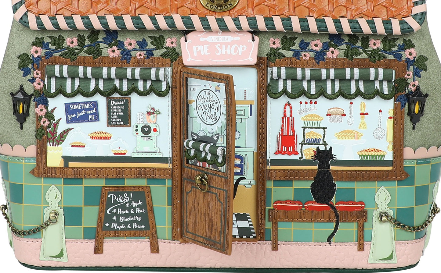 Decorative bag with a cartoon-style ice cream shop design featuring a cat and various elements.