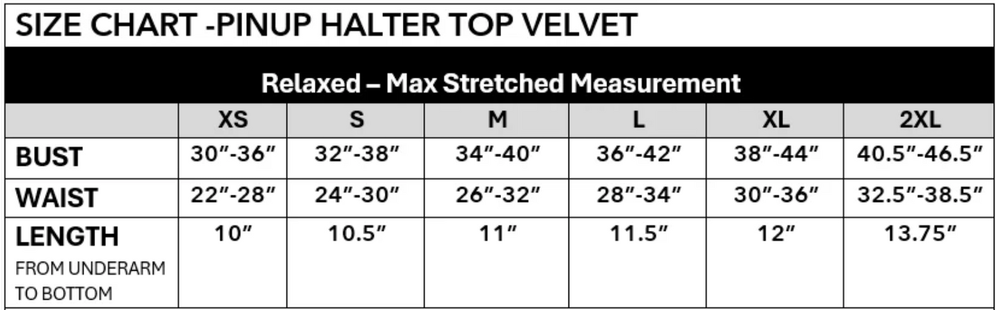Size chart for a pinup halter top velvet garment with measurements in inches.