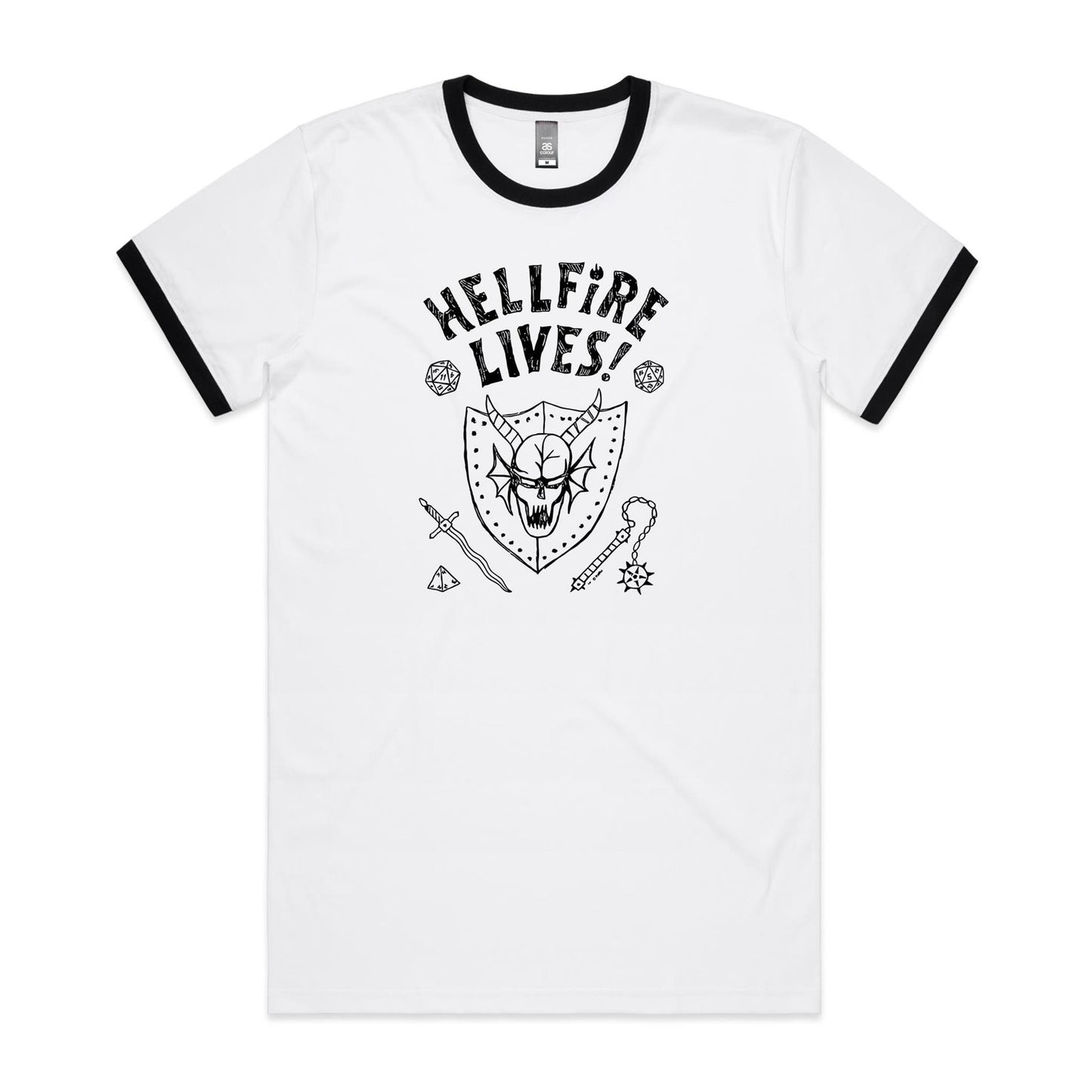Hellfire Lives - Mens Ringer Tee- White/Black - this is a Print on demand item