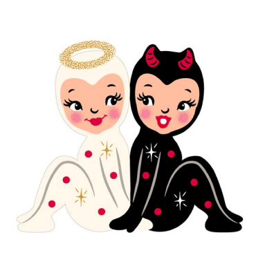 A cartoon-style illustration of two cute angel-and-devil-inspired characters sitting side by side on a plain white background. One character wears a white bodysuit with red polka dots, a gold halo, and a gold star motif.