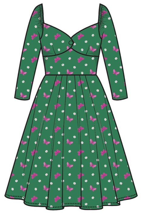 Unique Vintage 1950s Green/Butterfly Stamp Sweetheart Lamar Swing Dress