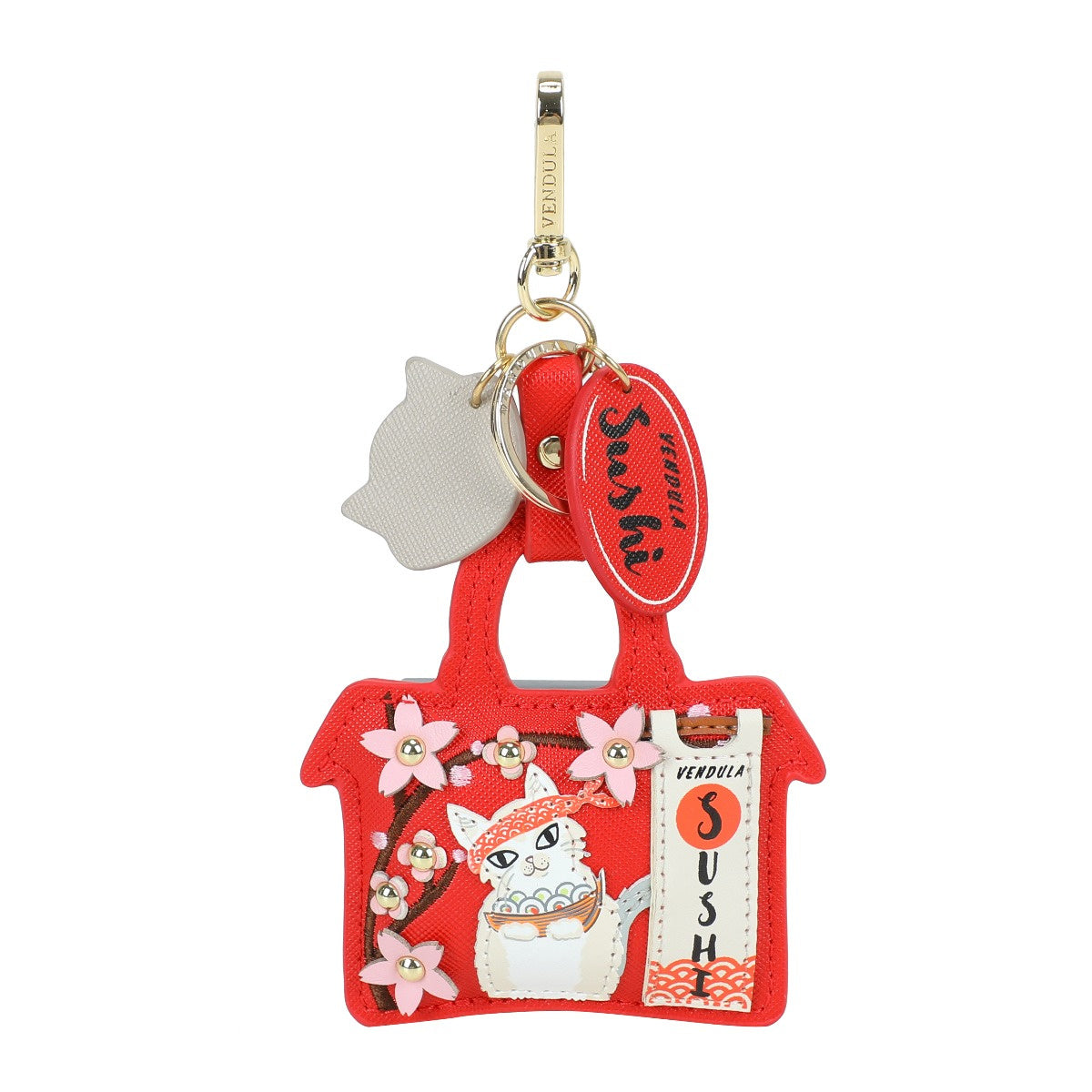 Red cat-shaped keychain with cherry blossoms and 'Sushi' text on a white background