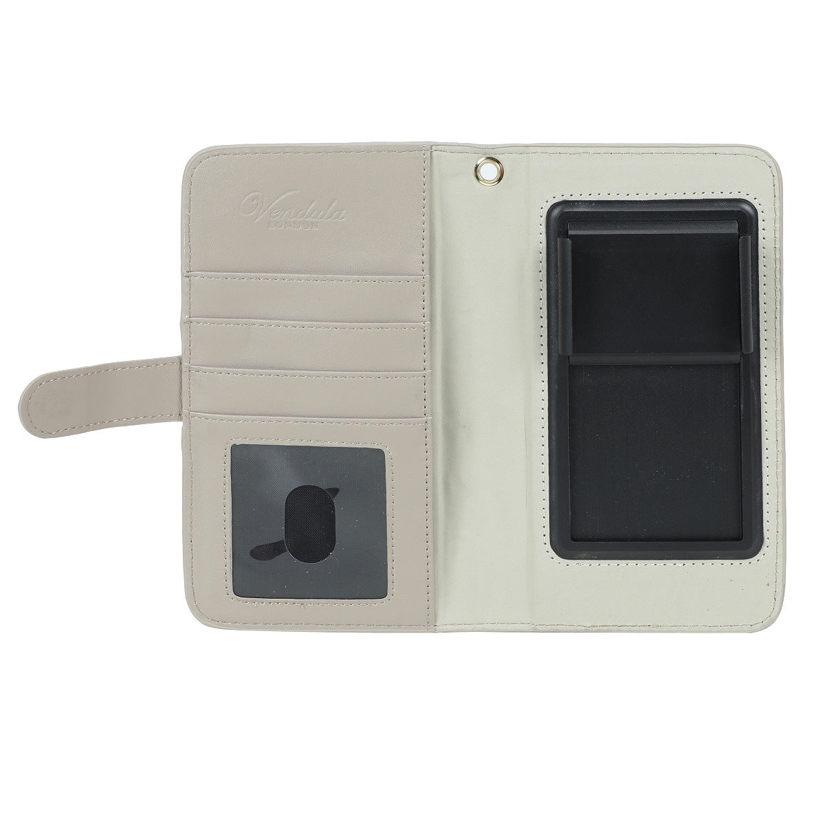 Beige wallet with card slots and phone pocket on a white background