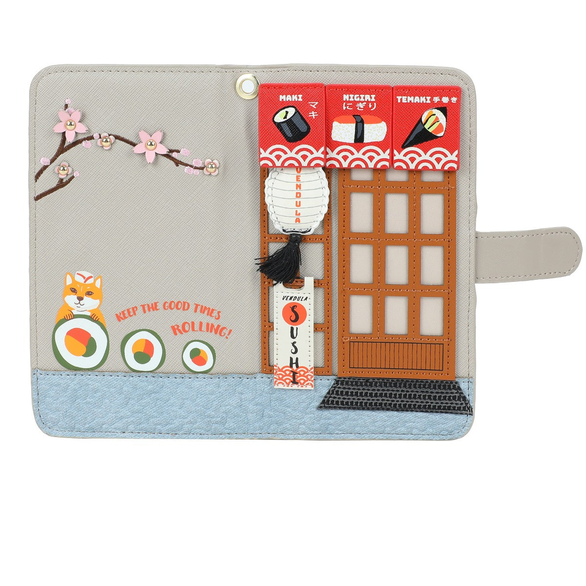 Phone case with sushi-themed design featuring a fox, cherry blossoms, and a door.