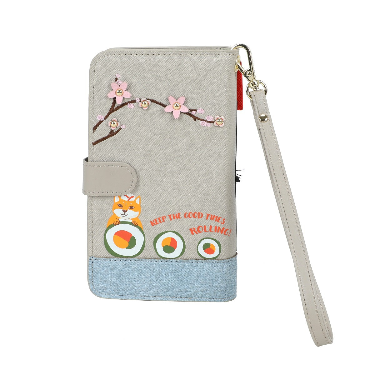 Phone case with fox, sushi, and cherry blossoms design on a light gray background